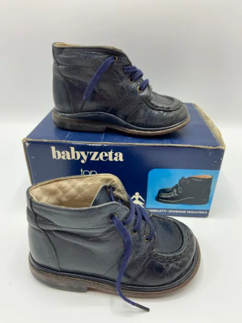Vintage Babyzeta Blue Boys Leather lace up boot shoes Italian size 21 in box