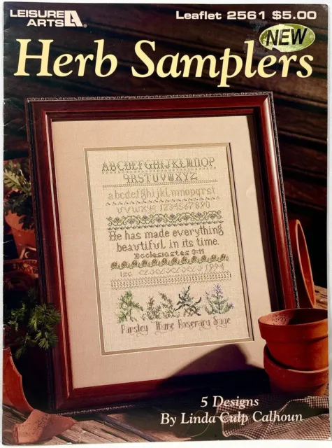 1994 Leisure Arts Herb Samplers 2561 libro de patrones de punto de cruz contado de colección 12271