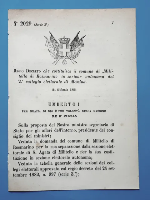 Decreto Regno Italia - Costituzione Militello di Rosmarino in Messina - 1884