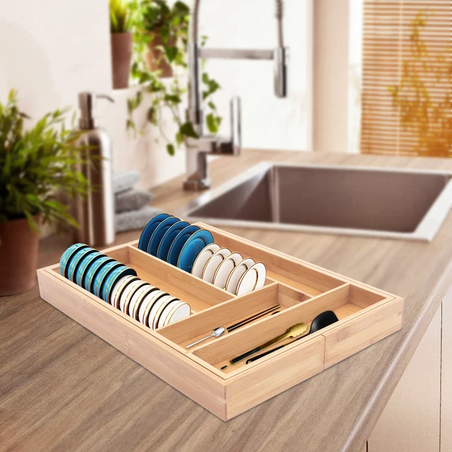 Cajón de bambú extensible cubiertos caja de almacenamiento organizador cocina