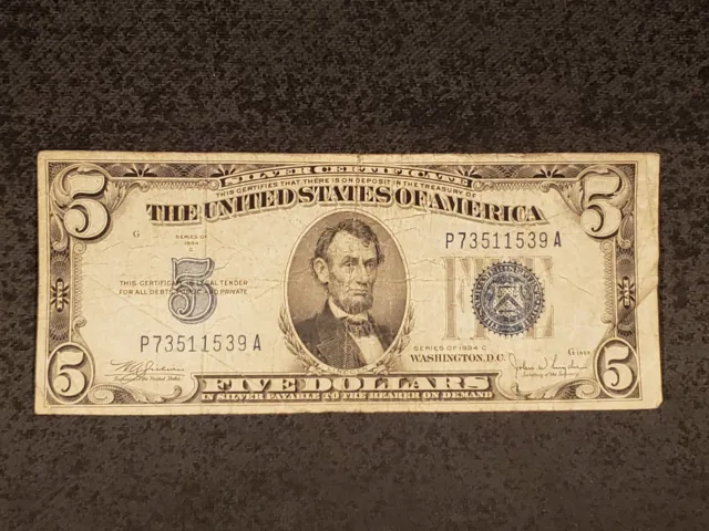 USA  $5  Series of 1934 C  Silver Certificate - Circulated Banknote