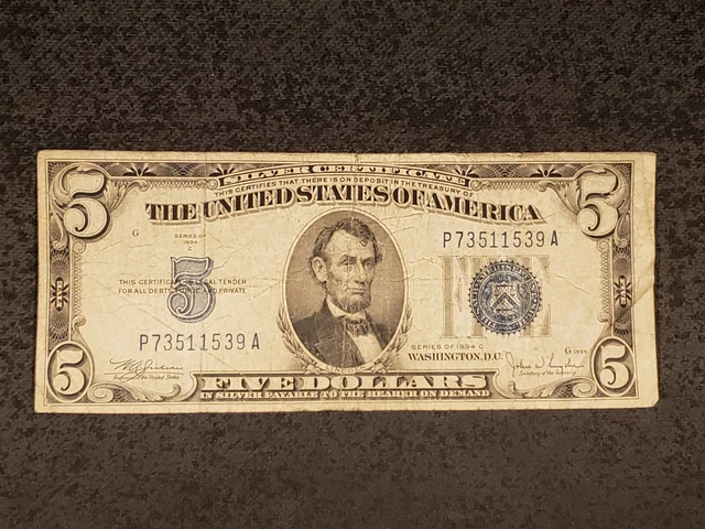 USA  $5  Series of 1934 C  Silver Certificate - Circulated Banknote