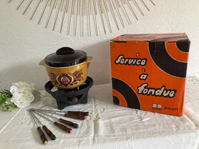 Petit Service à Fondue En Fonte Castirone – Vintage, Couleur Orange, Fabriqué En France