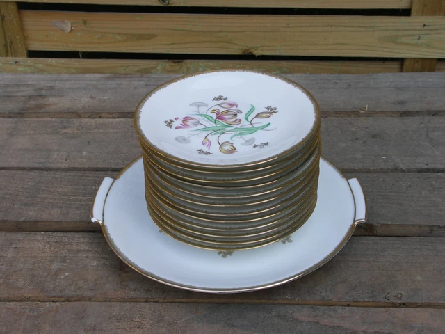 Ancien service à dessert  gateau 12 assiettes + plat porcelaine Limoges vintage