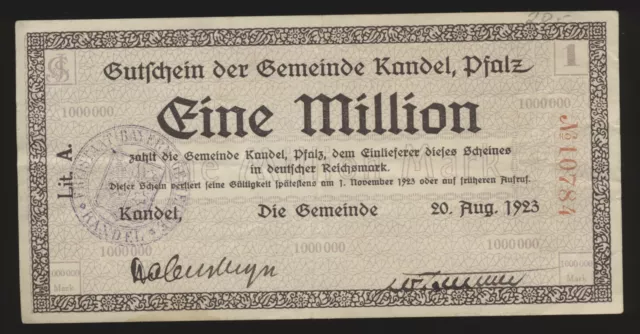 Kandel  Gutschein  1 Milion Mark  20. August 1923  Notgeld  Pfalz  ( 1059 - C