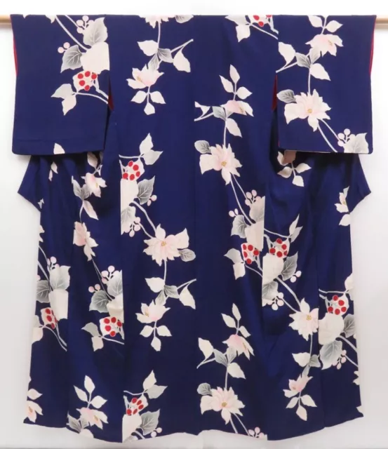 2931T12z640 Vintage Japanese Kimono Silk KOMON Flower Dark lavender blue