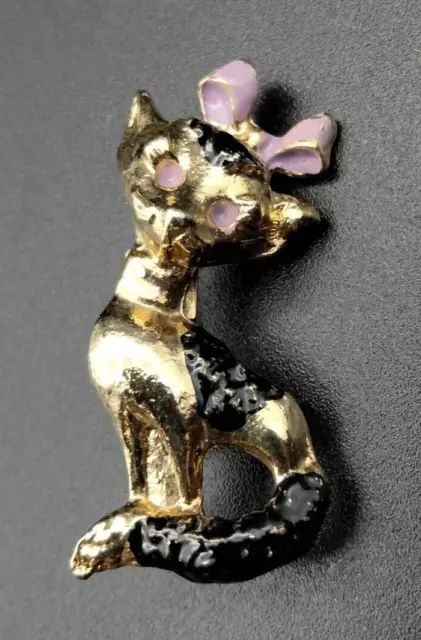 Vintage Cat Brooch Pin Pink Bow Eyes Adorable Estate Statement Piece 1.25"