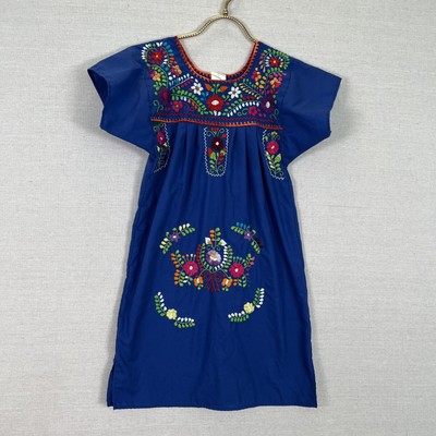 Mexican Girl's Embroidered Floral Toddle Dress Handmade Blue Peasant 6T
