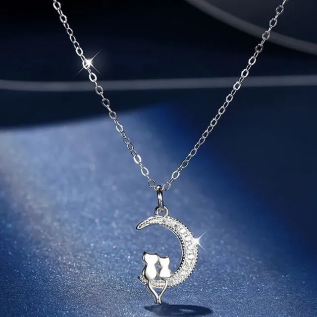 925 Silver Plated Cute Cat Moon Pendant Necklace Clavicle Chain Women Jewelry