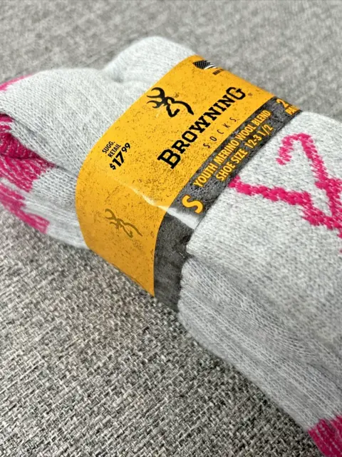 2 NEW PAIRS - Browning Socks - All Season Youth S Shoe Size 12-3.5 Pink & Gray 2