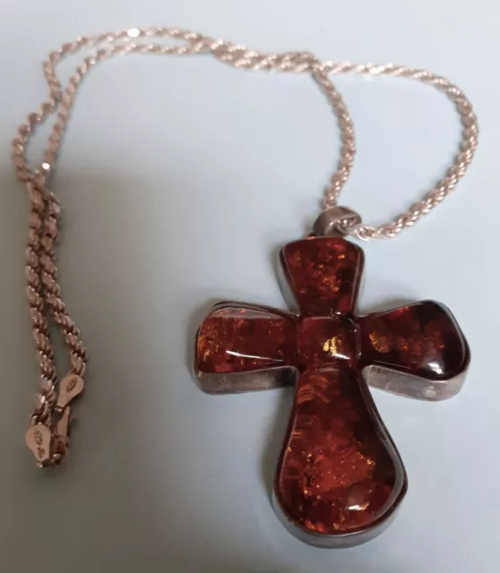 STUNNING SILVER BALTIC AMBER CROSS + CHAIN (22") 48 Grams