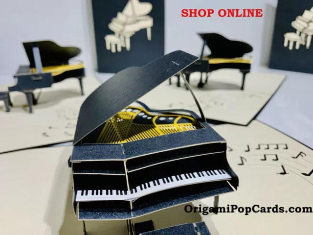 Origami Pop Cards Gold Black Grand Piano 3D Pop Up Greeting Card Happy Birthday