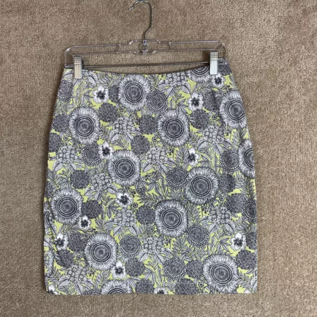 J.Jill Pencil Skirt Womens Petite Size XS Yellow/Black Floral Print Stretch Knit