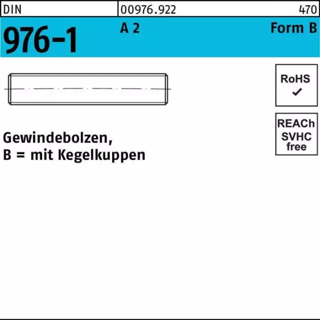 Gewindebolzen DIN 976 m.Kegelkuppen BM 12 x 35 A 2