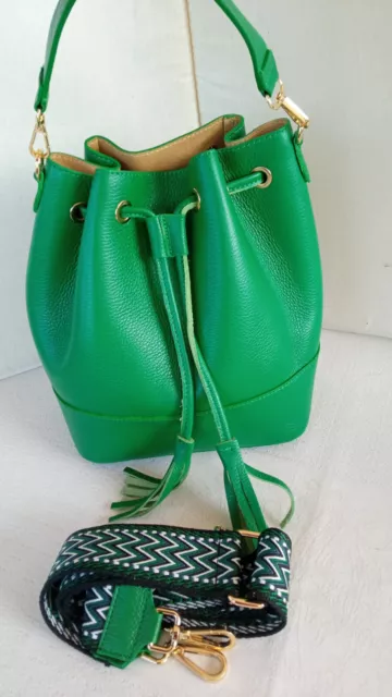 Borsa vera pelle donna ragazza moda secchiello verde con tracolla