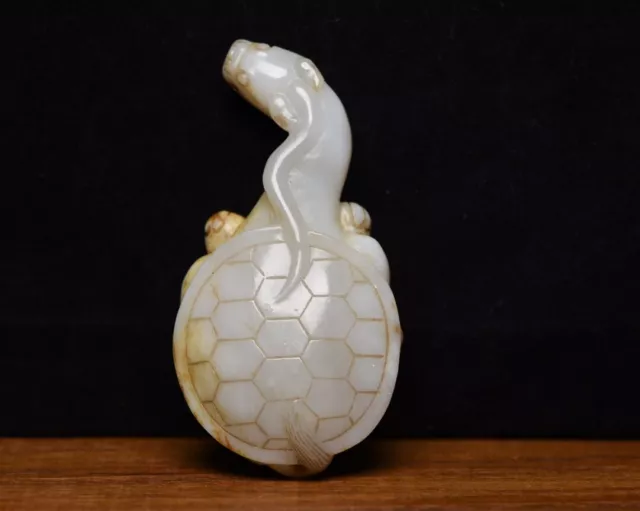 Antique Chinese Natural Hetian Jade Carved Dragon Turtle Statue Collection Art