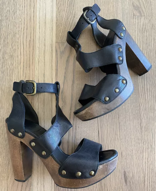 Women’s STUART WEITZMAN Black Leather Platform Wood Block Heel Sandals Size 8.5