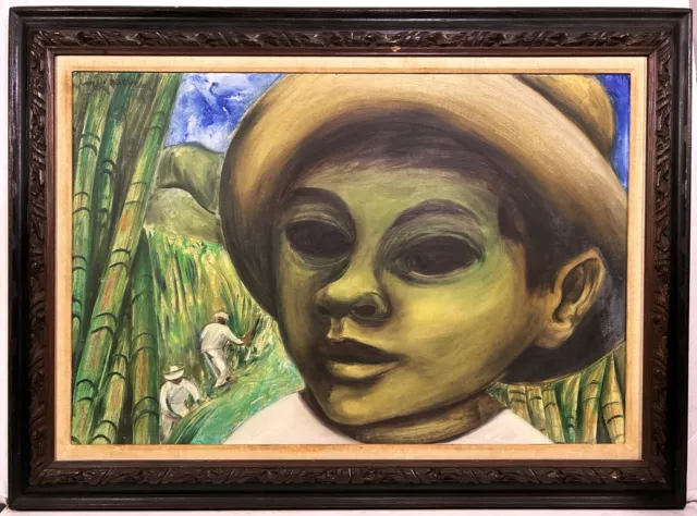 JUAN DE'PREY 20th c. Puerto Rican American Large Painting YOUNG BOY CANE FIELDS