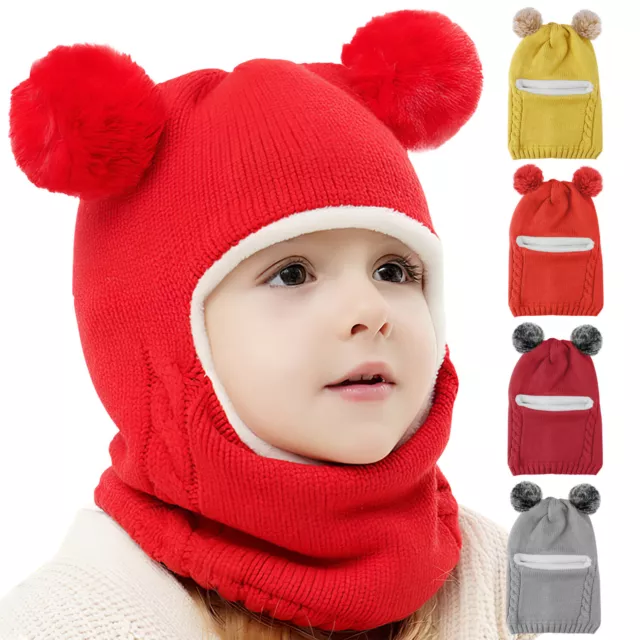 Toddler Kids Beanie Plush Cap + Scarf Set Girl Boy Baby Winter Warm Knit Hat US 2