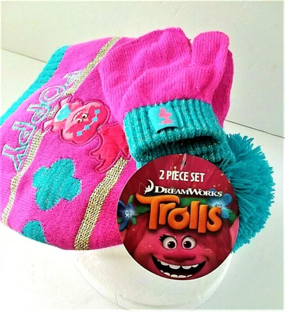 Trolls Hat Mittens Set, New With Tags DreamWorks Embroidered Pink Princess Poppy