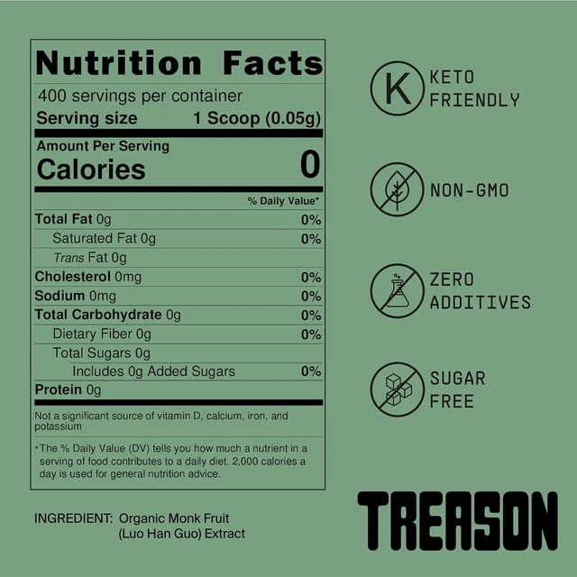 TREASON, 100 MONK Fruit Extract Sweetener, without Erythritol or