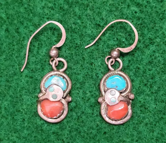 Vintage 925 Sterling Silver Earrings Zuni Turquoise Coral Effie C Snake