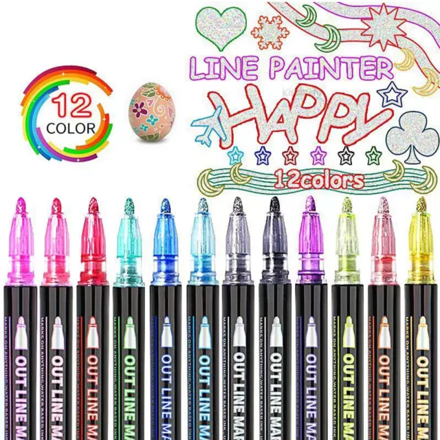 DIY Crafts Drawing Double Line Outline Highlighter Marker Pens 12 Colors Bright