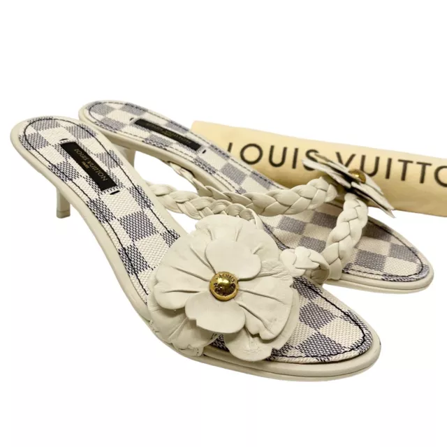USED Louis Vuitton Damier Azur Espadrille Wedge Heel Size 35 AUTHENTIC