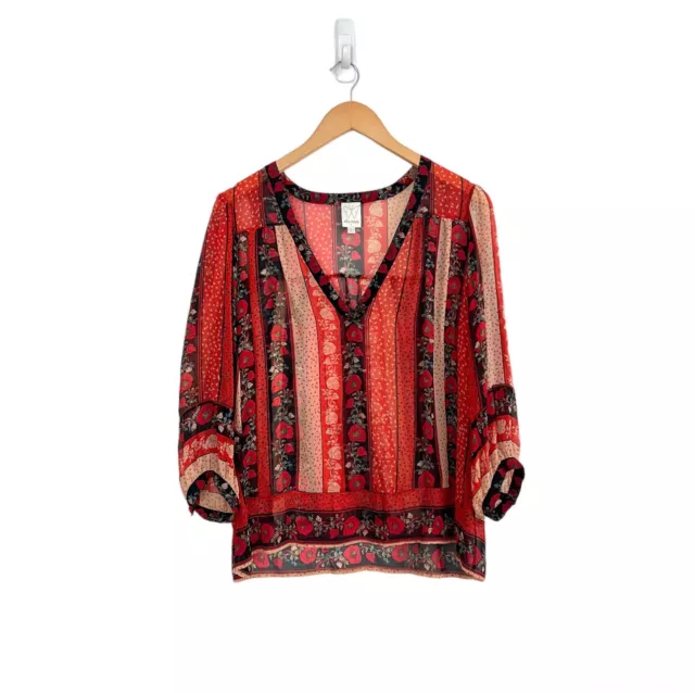 Ella Moss Silk Boho Blouse Medium Semi Sheer Red Floral V-Neck