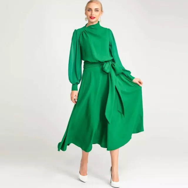 Occident Womens A-line Irregular Collar Long Sleeve High Waist Party Green Dress