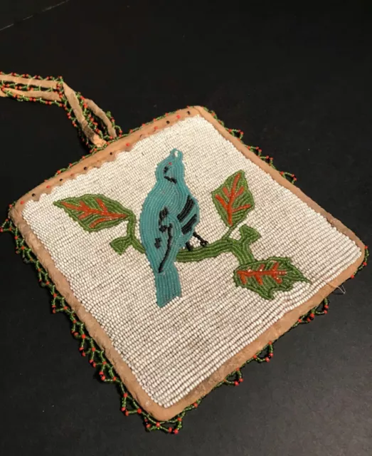 Wonderful Plateau Beaded Leather Mountain Bluebird Pictorial Bag,Excellent,C1900 2