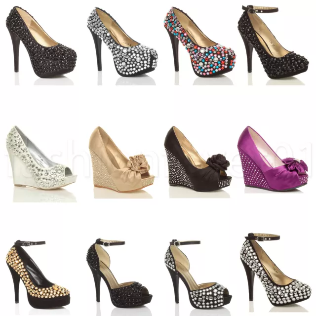 Womens Ladies High Heel Diamante Gem Wedding Evening Platform Peep Toe Shoe Size
