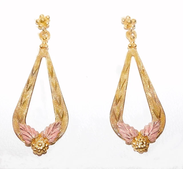 Black Hills Gold 10k Long Diamond Cut Leaf Earrings
