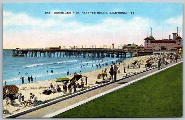 Redondo Beach California 1940s Postcard Bath House And Pier Ocean Beach