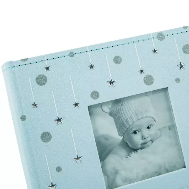 Soft Pastel Blue Suede Baby Shower Photo Album with Silver Stars and Luxe Rib... 2