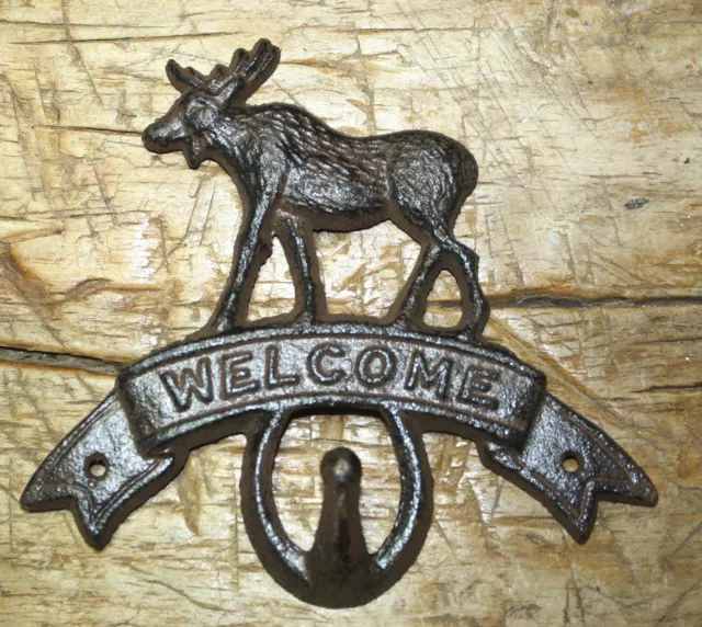 Cast Iron MOOSE WELCOME Towel Coat Hooks Hat Hook Key Rack CABIN Hunting Camp