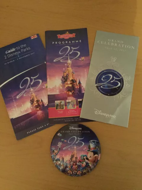Disneyland Paris 25th Anniversary badge + guide + programme RARE April 2017