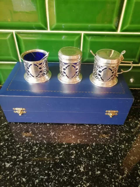 Hallmarked Silver Three Piece Condiment Set pierced blue liners in Fitted Case