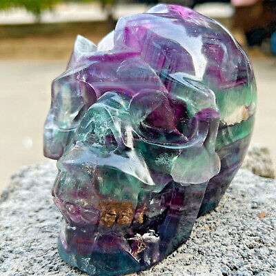 3.36LB Natural fluorite skull quartz hand carved crystal skull healing. AS657