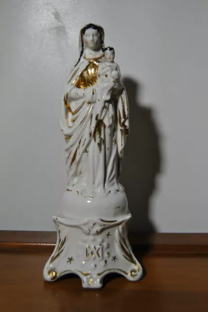 Estatua Escultura Antigua Porcelana París 19 Siglo Santa Virgen María Jesús