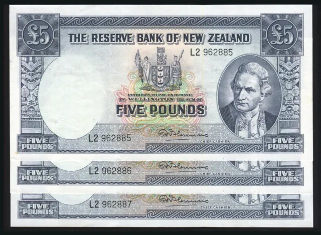 New Zealand - 5 Pounds - Fleming - Consecutive Trio - L2 962885 - 962887 - EF