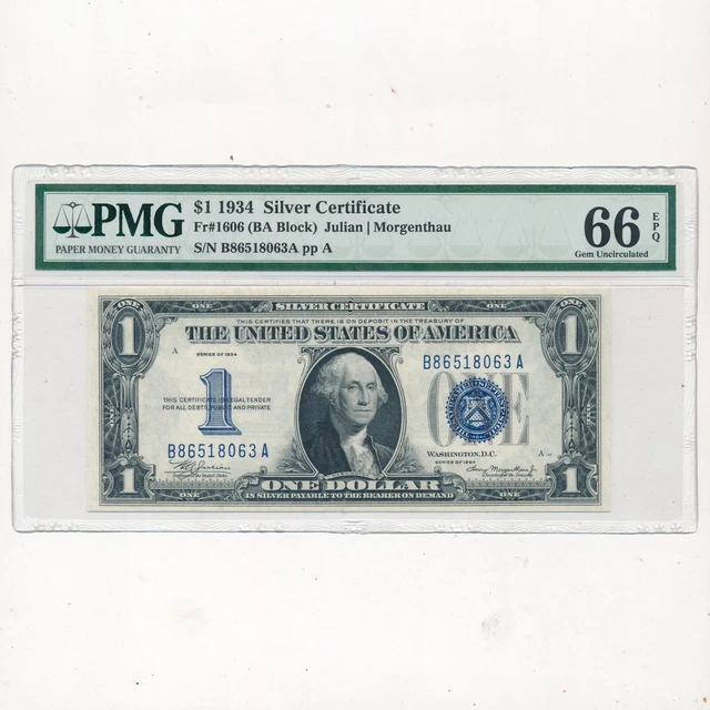 1934 $1 One Dollar Funny Back Silver Certificate Blue Seal - Pmg 66 Gem Uncirc