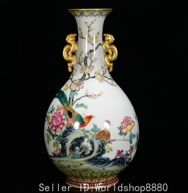 12.4" Old China Qianlong Marked Famile Rose Porcelain Flower Bird Pair Ear Vase