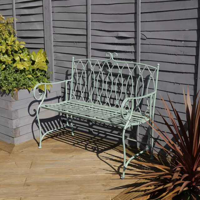 Charles Bentley Decorative Wrought Iron Outdoor Rustic Bench - Sage Green