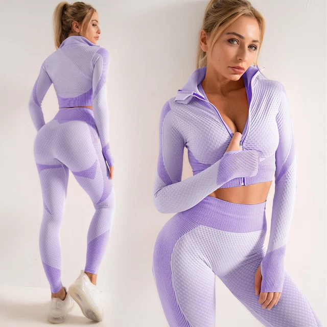New Yoga Zipper Top+Leggings 2 Pieces Set Women Gym Workout Fitness Sport Suits