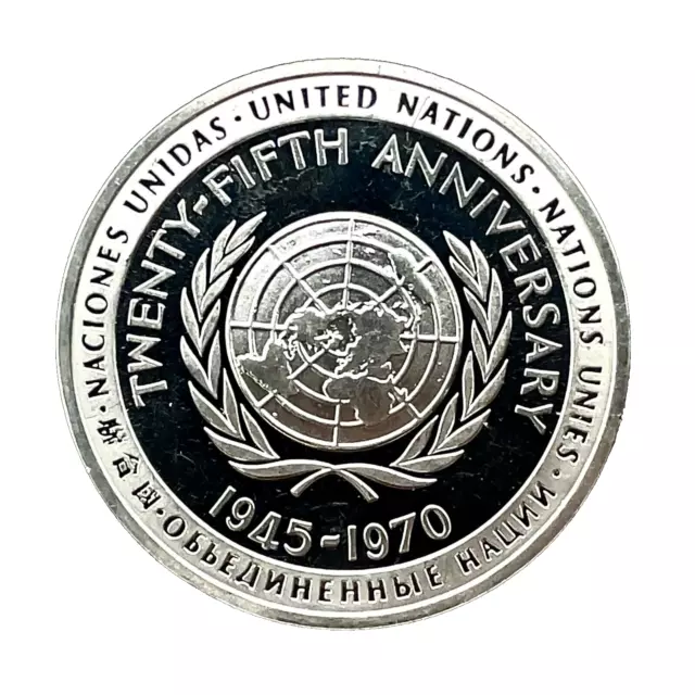 UNITED NATIONS 1970 Franklyn Mint Sterling Silver Medal 25TH ANNIVERSARY 38.5mm 2