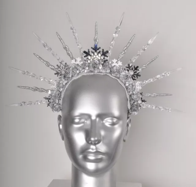 White Clear Silver Ice Queen Icicle Snowflake Spike Flower crown Fascinator R...