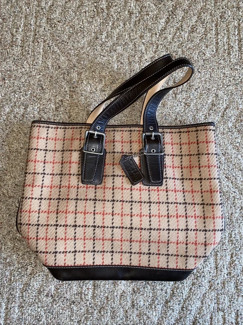 Vintage Coach Handbag Brown Plaid Wool And Leather