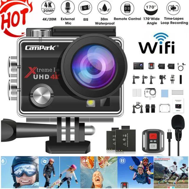 Campark UHD 4K 30fps Aktion Kamera 20MP WiFi EIS Unterwasserkamera Sportkamera