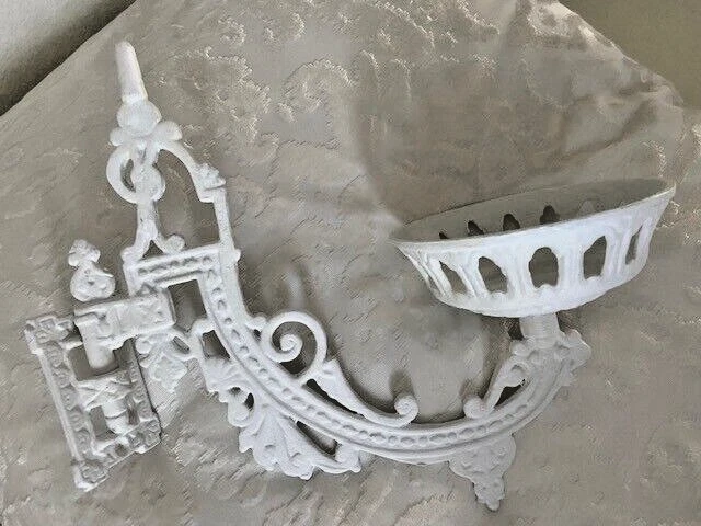 Antique Victorian White Ornate Cast Iron Oil Lamp Holder with Swivel Wall mount